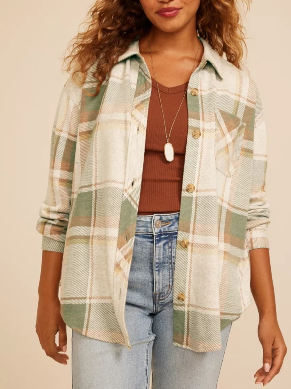 Maurices Neutral Green Plaid Shacket, SZ 1X, NWOT